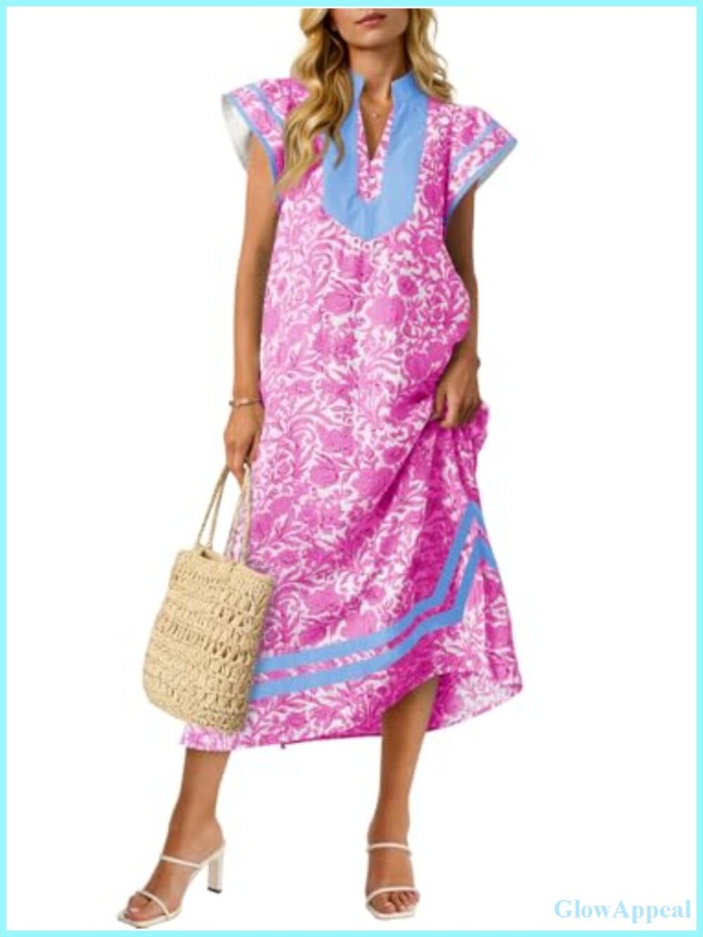 Women's Floral Maxi Dress with Pockets Cap Sleeve V Neck Boho Beach Summer